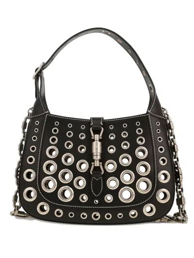 Pre-owned Gucci 1961 Jackie Eyelet Detail Shoulder Bag In Black