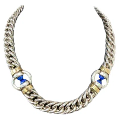 Pre-owned Gucci 1970 Firenze Modernist Necklace In Solid .925 Sterling 18kts Gold & Lapis In Multi