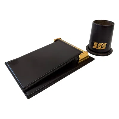 Pre-owned Gucci 1970's  Leather Desk Set Notepad And Pen Holder In Black