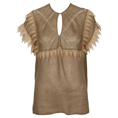 Pre-owned Gucci 1970's  Tan Linen Blouse Top With Lace Trim & Pointelle Stitching In Brown