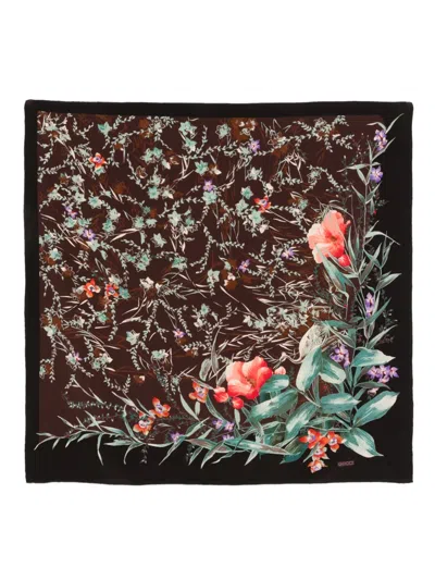 Pre-owned Gucci 1970s Floral Silk Scarf In Brown