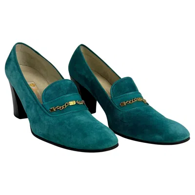 Pre-owned Gucci 1970s  Gg Logo Chain Suede Teal Loafer Block Heels 39.5aa In Green