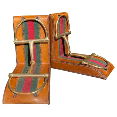 Pre-owned Gucci 1970s  Gold Plated Snaffle Bit Leather Bookends - A Pair In Brown