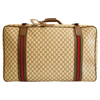 Pre-owned Gucci 1970s  Large Suitcase Gg Canvas With Brown Leather Trim