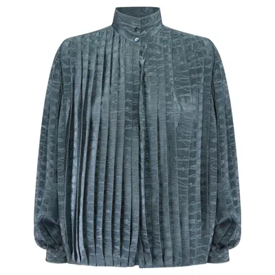 Pre-owned Gucci 1980s  Teal Silk Jacquard Pleated Blouse In Green