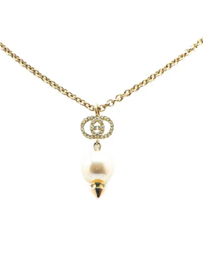 Pre-owned Gucci 1990-2024 Gold Plated Gg Faux Pearl Drop Pendant Costume Necklace