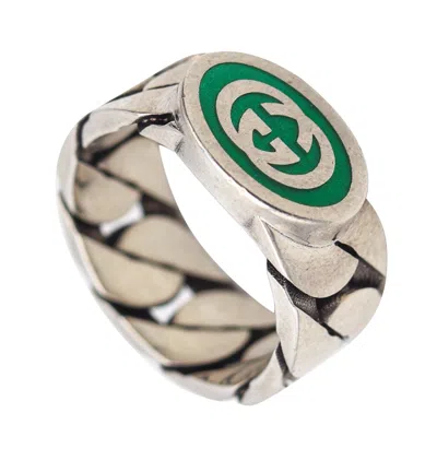 Pre-owned Gucci 1990 Milan Modernist Enamel Gg Logo Ring In Solid .925 Sterling Silver In Multi