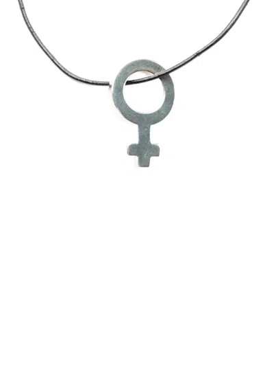 Pre-owned Gucci 1990-2000 Leather And Sterling Silver Venus Symbol Pendant Necklace Costume Necklace In Black