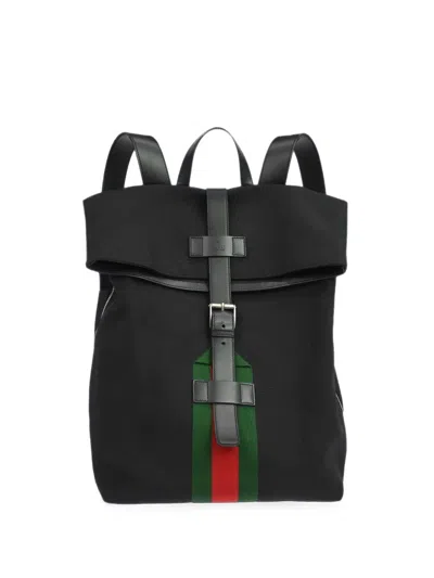Pre-owned Gucci 1990-2000s Web Stripe Foldover Backpack In Black
