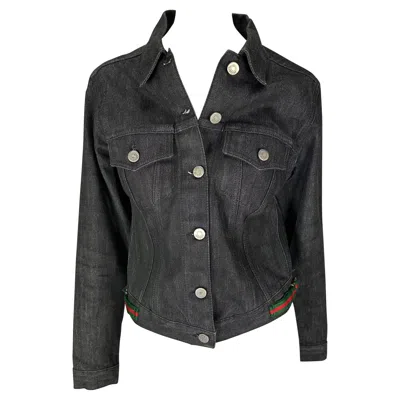 Pre-owned Gucci 1999  By Tom Ford Web Buckle Black Logo Button Cotton Denim Jacket It42