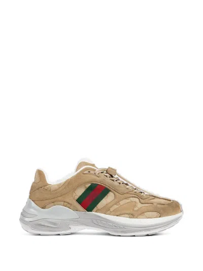 Gucci Monogram Stripe Leather Low Top Sneakers In Brown