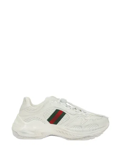Gucci Women White Low Top Sneakers With Perforated Design And Web Detail On The Side In Leather Woma