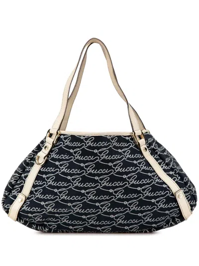 Pre-owned Gucci 2000-2015 85th Anniversary Canvas Logo Abbey D Ring Tote Bag In Blue