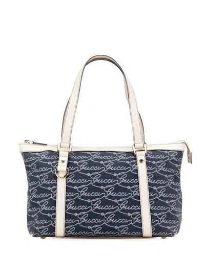 Pre-owned Gucci 2000-2015 85th Anniversary Canvas Logo Abbey D Ring Tote Bag In Blue