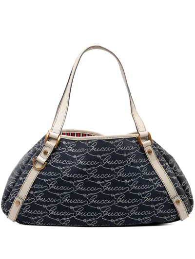 Pre-owned Gucci 2000-2015 85th Anniversary Canvas Logo Abbey D Ring Tote Bag In Blue