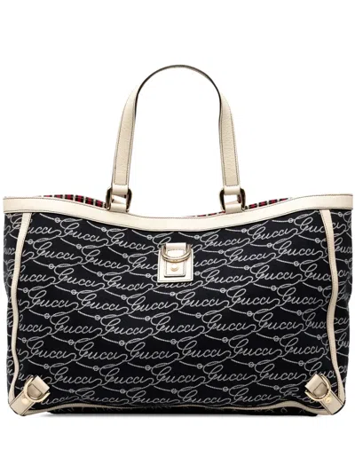 Pre-owned Gucci 2000-2015 85th Anniversary Canvas Logo Abbey D Ring Tote Bag In Blue