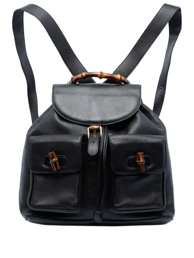 Pre-owned Gucci 2000-2015 Calfskin Bamboo Drawstring Backpack In Black