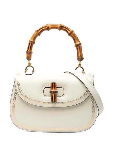 Pre-owned Gucci 2000-2015 Calfskin Frame Print Bamboo Top Handle Bag Satchel In White
