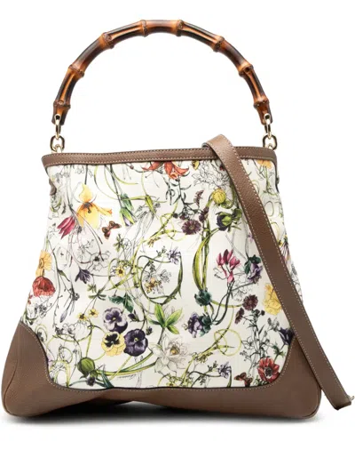 Pre-owned Gucci 2000-2015 Flora Canvas Bamboo Diana Satchel In White