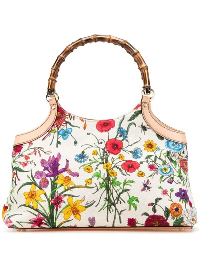 Pre-owned Gucci 2000-2015 Flora Canvas Bamboo Handbag In White