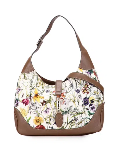 Pre-owned Gucci 2000-2015 Flora Canvas Jackie O Bouvier Crossbody Bag In White