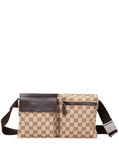 Pre-owned Gucci 2000-2015 Gg Canvas Double Pocket Belt Bag In Brown