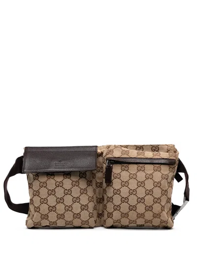 Pre-owned Gucci 2000-2015 Gg Canvas Double Pocket Belt Bag In Brown