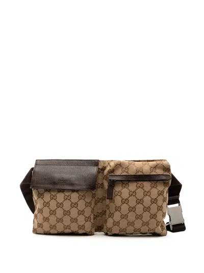 Pre-owned Gucci 2000-2015 Gg Canvas Double Pocket Belt Bag In Brown