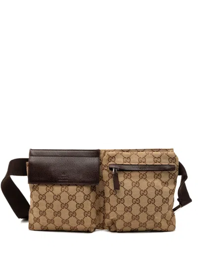 Pre-owned Gucci 2000-2015 Gg Canvas Double Pocket Belt Bag In Brown