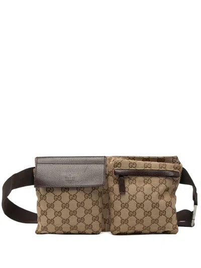 Pre-owned Gucci 2000-2015 Gg Canvas Double Pocket Belt Bag In Brown