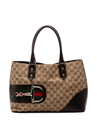 Pre-owned Gucci 2000-2015 Gg Canvas Hasler Web Tote Bag In Brown