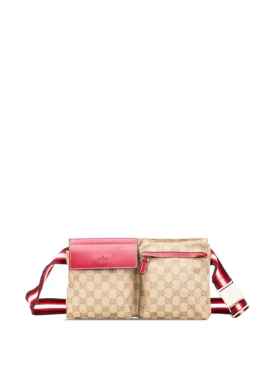 Pre-owned Gucci 2000-2015 Gg Canvas Web Double Pocket Belt Bag In Brown