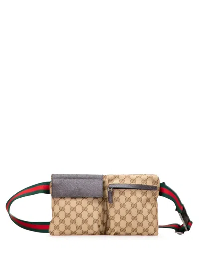 Pre-owned Gucci 2000-2015 Gg Canvas Web Double Pocket Belt Bag In Brown