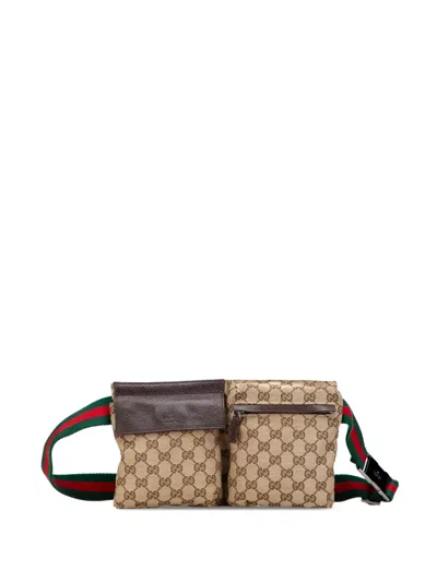Pre-owned Gucci 2000-2015 Gg Canvas Web Double Pocket Belt Bag In Brown