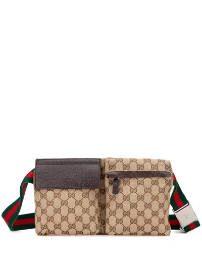 Pre-owned Gucci 2000-2015 Gg Canvas Web Double Pocket Belt Bag In Brown