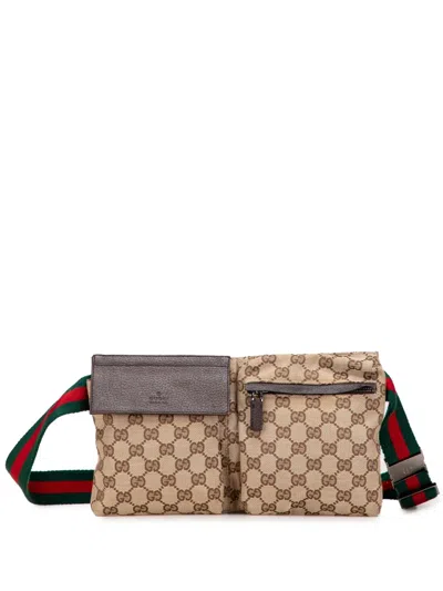 Pre-owned Gucci 2000-2015 Gg Canvas Web Double Pocket Belt Bag In Brown