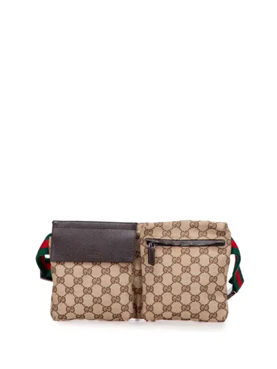 Pre-owned Gucci 2000-2015 Gg Canvas Web Double Pocket Belt Bag In Brown