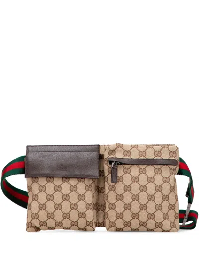 Pre-owned Gucci 2000-2015 Gg Canvas Web Double Pocket Belt Bag In Brown