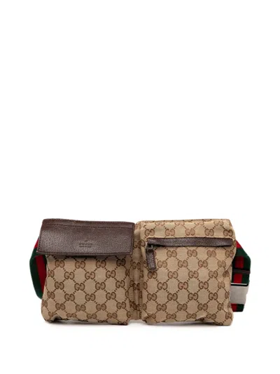 Pre-owned Gucci 2000-2015 Gg Canvas Web Double Pocket Belt Bag In Brown