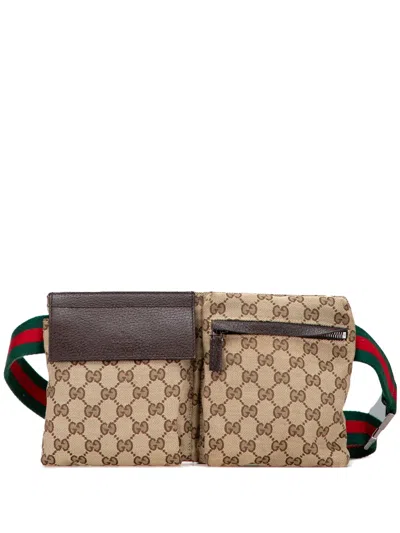 Pre-owned Gucci 2000-2015 Gg Canvas Web Double Pocket Belt Bag In Brown