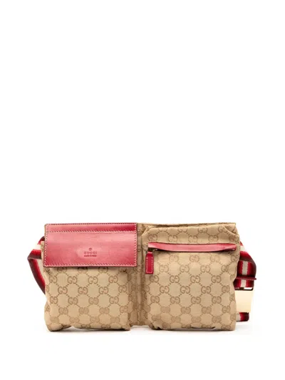 Pre-owned Gucci 2000-2015 Gg Canvas Web Double Pocket Belt Bag In Brown