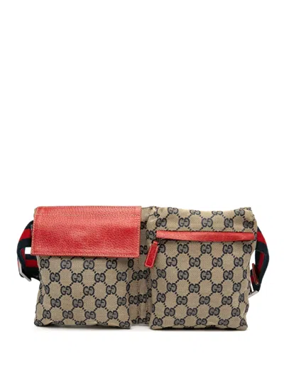 Pre-owned Gucci 2000-2015 Gg Canvas Web Double Pocket Belt Bag In Brown