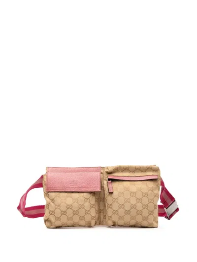 Pre-owned Gucci 2000-2015 Gg Canvas Web Double Pocket Belt Bag In Brown