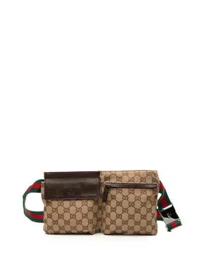 Pre-owned Gucci 2000-2015 Gg Canvas Web Double Pocket Belt Bag In Brown