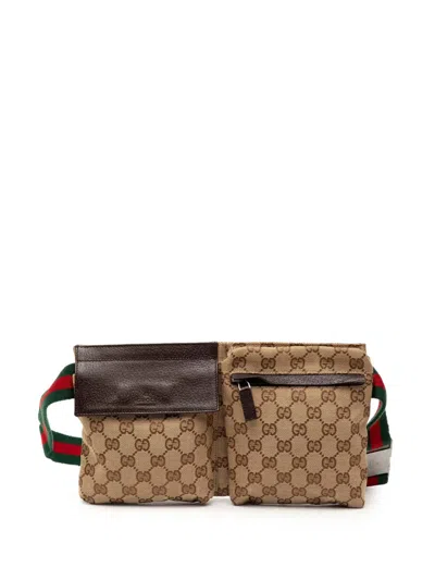 Pre-owned Gucci 2000-2015 Gg Canvas Web Double Pocket Belt Bag In Brown