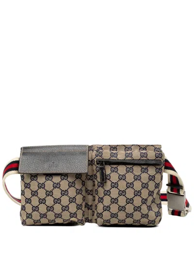 Pre-owned Gucci 2000-2015 Gg Canvas Web Double Pocket Belt Bag In Brown