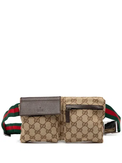 Pre-owned Gucci 2000-2015 Gg Canvas Web Double Pocket Belt Bag In Brown