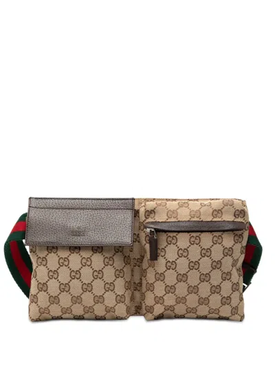Pre-owned Gucci 2000-2015 Gg Canvas Web Double Pocket Belt Bag In Brown