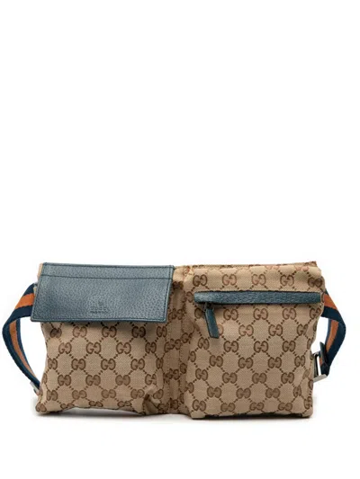 Pre-owned Gucci 2000-2015 Gg Canvas Web Double Pocket Belt Bag In Brown
