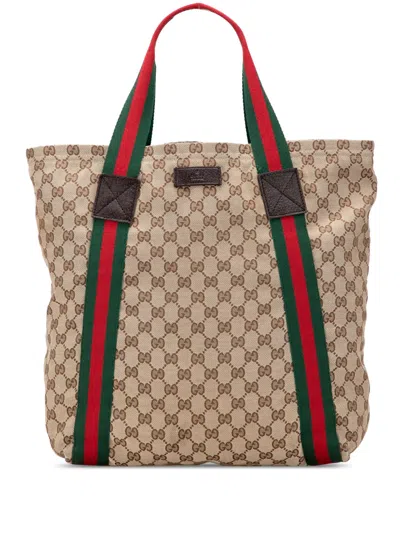 Pre-owned Gucci 2000-2015 Gg Canvas Web Tote Bag In Brown